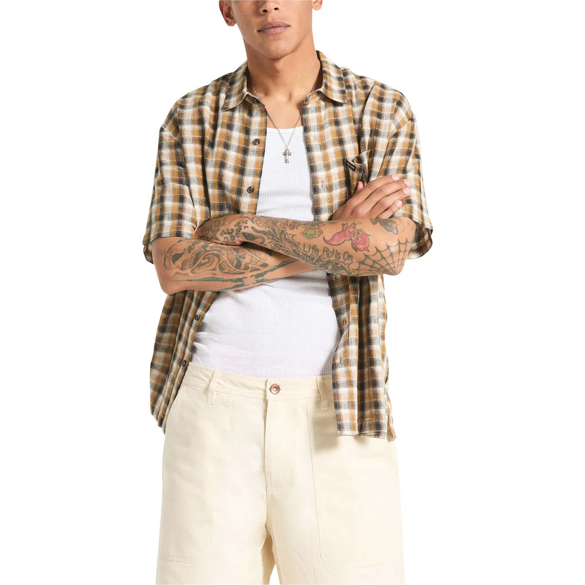 Brixton Cru Linen Blend Plaid Shirt - Black/Tobacco Plaid - Image 2