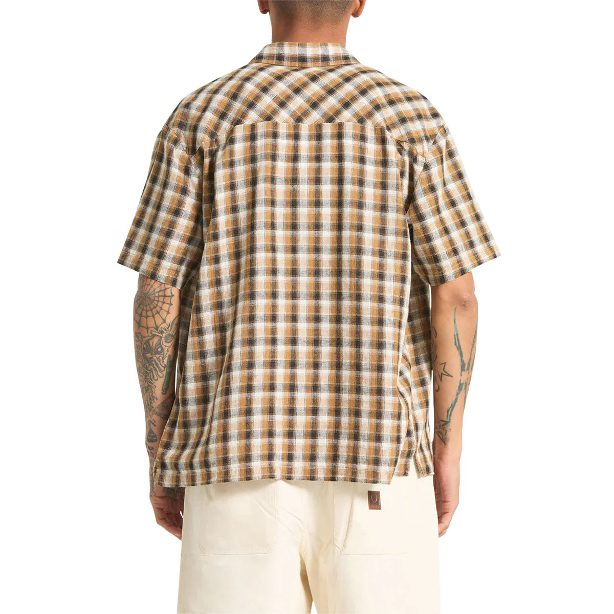 Brixton Cru Linen Blend Plaid Shirt - Black/Tobacco Plaid - Image 3