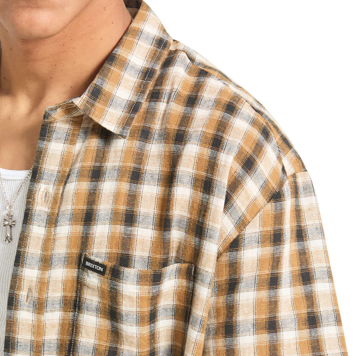 Brixton Cru Linen Blend Plaid Shirt - Black/Tobacco Plaid - Image 4