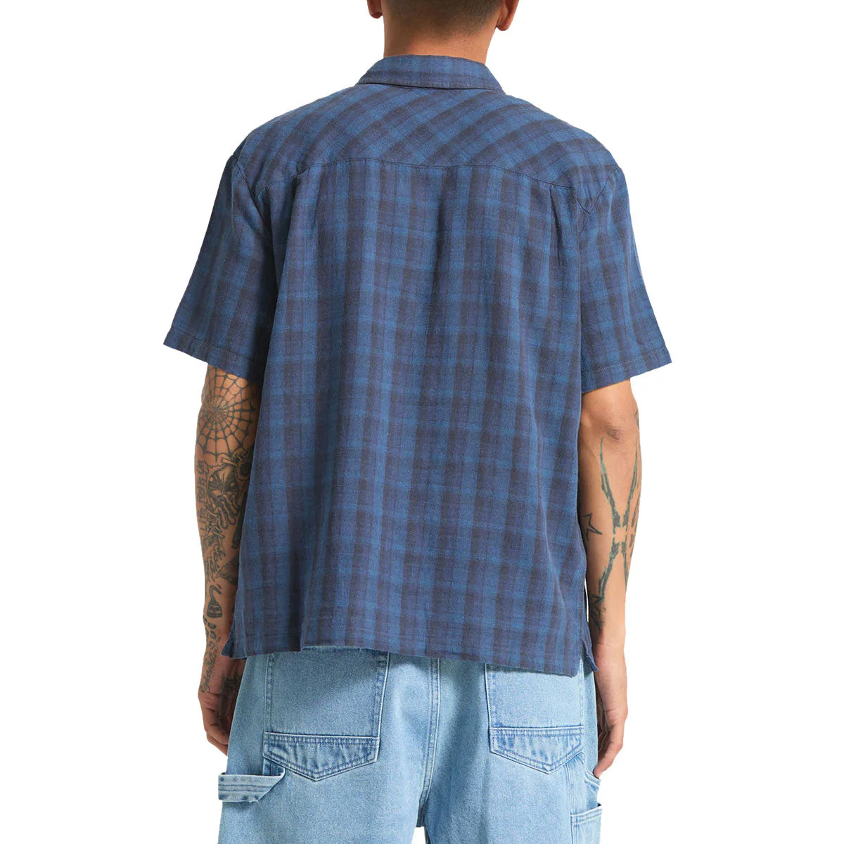 Brixton Cru Linen Blend Plaid Shirt - Dark Blue/Black Plaid - Image 3