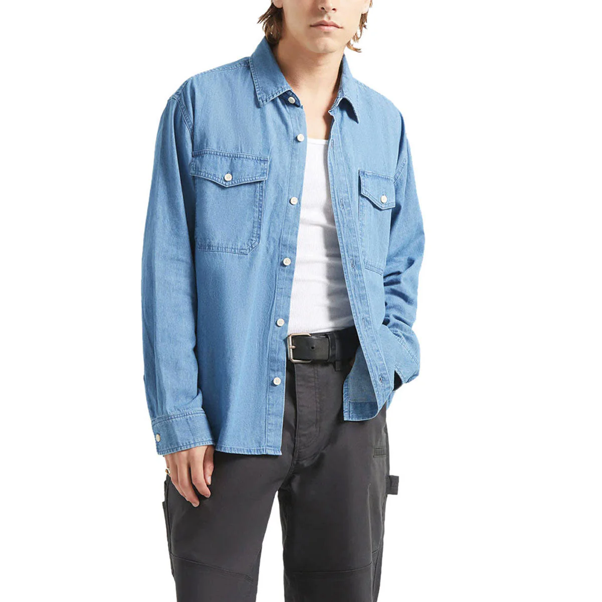 Brixton Waylon Lightweight Long Sleeve Over Shirt - Med Wash Chambrey