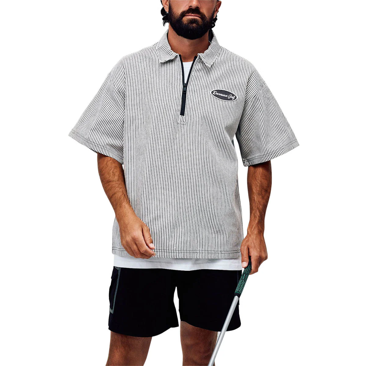 Devereux Mechanic 1/4 Zip Polo Shirt - Faded Black Pinstripe - Image 4