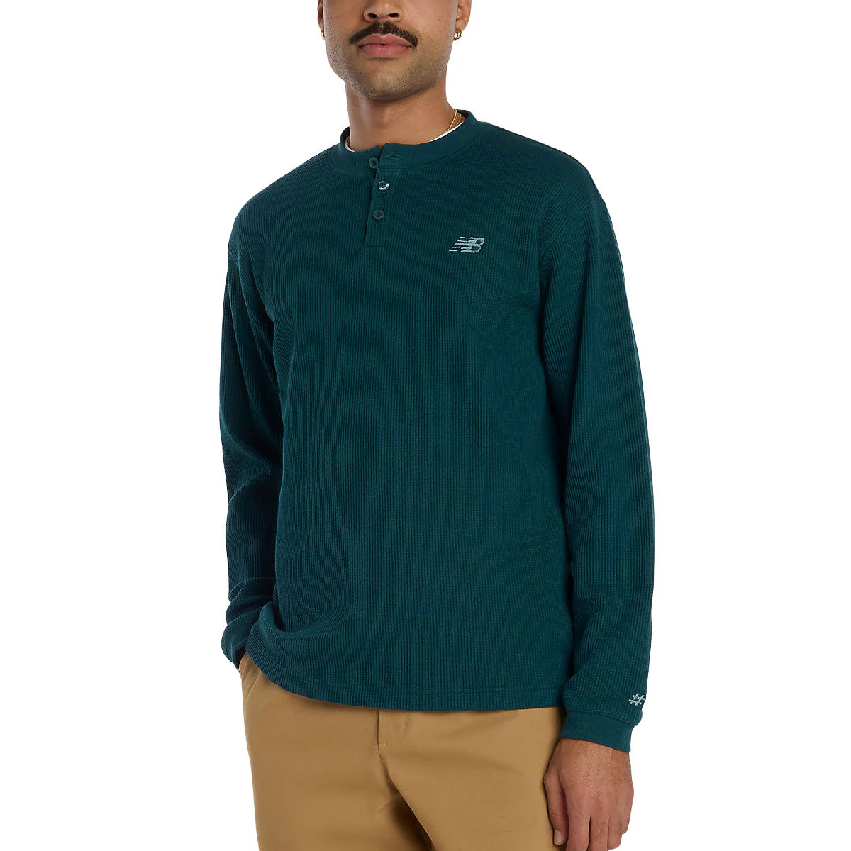 New Balance Numeric Waffle Knit Long Sleeve Henley Shirt - Medusa Green